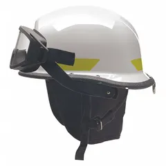 This BULLARD fire helmet features a white polyetherimide shell for impact and heat resistance. It includes a chin strap and a Standard Sure-Lock(R) ratchet headband suspension for secure fit. The modern rear brim design is suitable for structural firefighting and rescue operations.