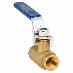 Brass straight ball valve with 3/8 in FNPT x FNPT connections and full port ball port. Features a locking lever handle for manual on/off flow control. Suitable for use in plumbing, HVAC, and process piping systems requiring secure shut-off.