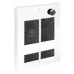 This compact recessed electric wall heater delivers 1000 W of supplemental heat on 120V AC single-phase power. It features a non-programmable thermostat and a gray grille for flush wall mounting. Rough-in dimensions are 12-1/2 in x 9-1/4 in x 2-1/2 in. Suitable for small rooms or offices.