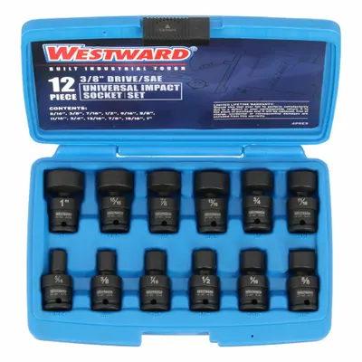WESTWARD Impact Socket Set: 3/8 in Drive Size, 12 Pieces - SAE Flex Impact Socket Sets