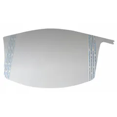 Clear lens covers with adhesive on the sides, supplied in packs of 10. Designed to protect PAPR lenses from scratches and debris in industrial environments requiring respiratory protection.