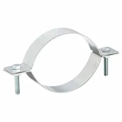 Steel duct hanger designed for round ducts with a 5-inch diameter. Includes a two-piece hanger assembly. Measures 7 inches in length and 5 inches in width. Used for supporting round ducts in HVAC and ventilation systems.