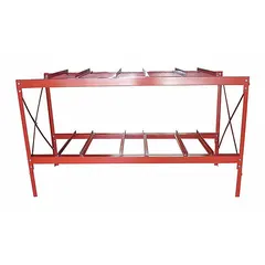 This Dayton drum storage rack is constructed of red painted metal and designed to hold six 55-gallon drums on two levels. Each top level supports up to 2,400 lb, with a total weight capacity of 4,800 lb. Suitable for organizing drums in industrial facilities, warehouses, and workshops.