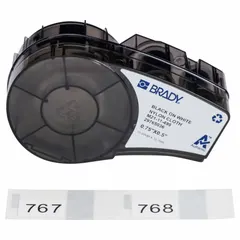 Thermal transfer precut label roll cartridge containing 140 labels, each 1/2 in x 3/4 in, with acrylic permanent adhesive and halogen-free material. Designed for use with M210 printer series. Suitable for industrial identification and labeling applications.