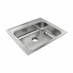 This one-bowl counter-mounted sink is designed for drop-in installation in kitchen and bar countertops. It features a 19-1/2-inch overall width, 22-inch overall length, and 6-inch bowl depth, finished in a silver/gray color. Suitable for food preparation, washing, and general utility in residential or light commercial settings.
