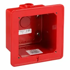 Red surface-mount enclosure for fire alarm system components. Designed to house Edwards Signaling devices in commercial and industrial settings. Provides a secure mounting point for system modules.