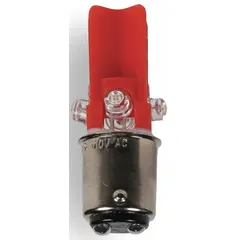 This BA15d double-contact bayonet base LED lamp features a T3-1/4 tubular bulb shape and emits red light. It operates on 24 V AC/DC and is suited for industrial signaling applications such as panel indicators, alarm beacons, and status lights in control panels and safety systems.