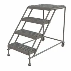 This rolling single-access platform provides a stable elevated work surface for maintenance, assembly, and warehousing tasks. It features a fixed height of 3.3 ft, a 24 in x 24 in steel platform, and an 800 lb load capacity. The tilt-&-move design allows one person to reposition it easily. Color: Gray. Handrails and locking mechanism are not included.