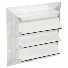 This wall-mount backdraft damper features a single-panel flat blade design for horizontal airflow and vertical mounting. It measures 13 inches high by 13 inches wide with a depth of 2.5 inches, and is rated for a maximum air velocity of 2500 fpm. Suitable for use in ventilation systems where prevention of reverse airflow is required.