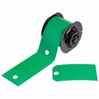 This polyester tag roll is green, measures 5 3/4 in x 3 1/4 in, and contains 100 precut tags. It is designed for indoor and outdoor use and is compatible with the BBP35 printer series. Typical applications include pipe marking, equipment labeling, and safety signage in industrial environments
