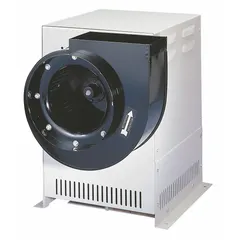 This direct-drive fume hood blower is designed for outdoor installation to exhaust fumes, vapors, and particulates from laboratory fume hoods. It features a variable-speed, high-efficiency motor operating at 1,800 RPM and 115V, with a rectangular outlet and a 10 3/4-inch inlet diameter. Thermal override protection is included for safety.