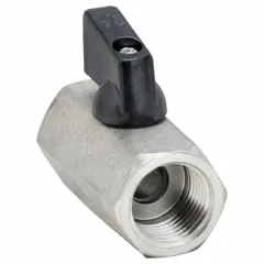 This manual two-way ball valve features a 316 stainless steel one-piece body and a wedge handle. With a 1/2 in nominal valve size, it is used to start, stop, or redirect flow in industrial piping systems. The compact mini design suits tight spaces in applications requiring corrosion resistance.