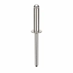 Domed-head blind rivet with 0.183" diameter and 2.101" overall length. Body length is 51/64", overall length 2 3/32". Supplied in a 250-piece pack. Used for fastening materials where only one-sided access is available, typical in metal fabrication and sheet metal work.