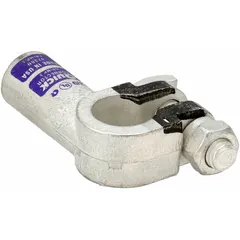 Crimp terminal for 3/0 ga cable, negative polarity, left-elbow alignment, purple color code, tin-plated copper/tin contact material. Used for secure battery connections in industrial electrical systems.