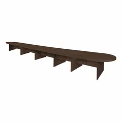 Laminate/melamine oval conference table in Neo Walnut finish. Overall length 288 in, width 52 in. Slab leg design with PVC edge banding. Suitable for large meeting rooms and boardrooms.