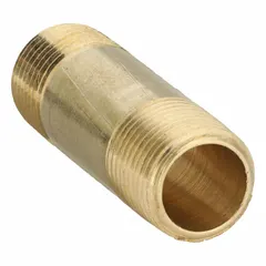 Brass pipe nipple with 3/8 in nominal pipe size, 2 in overall length, and male NPT threads on both ends. Rated for maximum operating pressure of 1,000 psi and maximum steam pressure of 1,000 psi. Used in instrumentation and industrial piping systems for connecting threaded components in pneumatic, hydraulic, and steam applications.