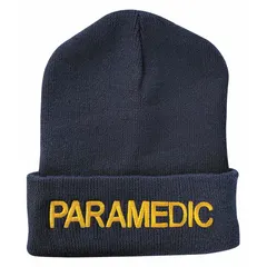 This beanie hat is made from acrylic knit material in navy color. It is a universal size accessory suitable for outdoor use in cold weather, providing warmth and a professional appearance for emergency medical personnel and similar roles.