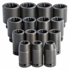 This 15-piece metric impact socket set features a 3/4 in drive and includes sockets ranging from 19 mm to 43 mm. The black oxide finish provides corrosion resistance. Suitable for heavy-duty fastening and loosening tasks in industrial maintenance, automotive repair, and assembly operations.