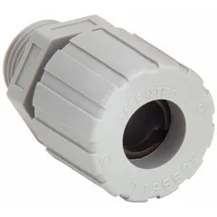 Straight nylon cord connector with 1/2 in MNPT box connection, accepting cord diameters from 0.50 in to 0.63 in. Gray body with brown color-coded grommet, overall length 2 1/16 in. Rated IP66 and Class II, Division 1 & 2 for hazardous locations. Used to seal and secure cables entering electrical enclosures in industrial environments.