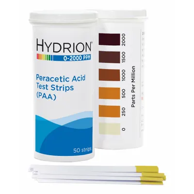 HYDRION Test Strips: Peracetic Acid, 0 to 2,000 ppm Peracetic Acid, Strip, 300 Tests - Single-Parameter Test Strips