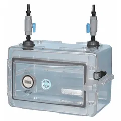 Rectangular vacuum desiccator with 0.3 cu ft capacity, made of polystyrene. Includes a lid and measures 13 1/4 inches in overall width. Used in laboratory settings to store moisture-sensitive materials under vacuum, dry samples, or maintain inert atmospheres.