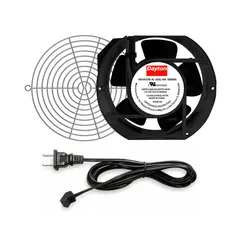 Standard oblong axial fan kit for cooling and ventilating electronic enclosures, control panels, and industrial equipment. Measures 6 3/4 in height by 2 in depth, operates on 120V AC, and includes terminals and a cord set with NEMA 1-15 plug. Aluminum construction with IP20 rating for protection against solid objects.