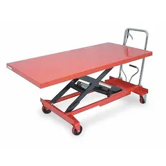 Manual scissor-lift table with a steel platform measuring 63 inches long by 31 1/2 inches wide. Maximum lifting height is 35 1/4 inches. Used in industrial and warehouse settings for positioning materials at ergonomic working heights during assembly, packaging, or maintenance tasks.