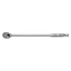 Reversible standard-head ratchet with a pear-shaped head and chrome finish. Overall length 12 1/2 in, minimum arc swing 4°. Used for tightening and loosening fasteners in confined spaces.