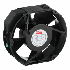 Standard oblong axial fan for cooling and ventilation in industrial enclosures, control panels, and electronic cabinets. Measures 6 3/4 in height by 2 in depth. Constructed of aluminum with IP33 rating. Electrical connection via terminals. Operates on 120V AC.