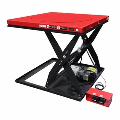 This Dayton rotating-top electric lift table uses a hydraulic mechanism to raise and position loads up to 3,500 lb. It operates on 115V AC and provides a maximum lifting height of 41 1/2 in. The 48 in diameter platform allows for ergonomic positioning of materials in assembly, packaging, or maintenance tasks.