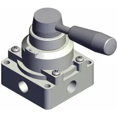Lever-actuated hand valve with side-ported body and three-position closed-center operation. Ports are 1/4 in BSPT; maximum operating pressure is 1 MPa. Used for manual start, stop, or directional control of compressed air in pneumatic circuits.