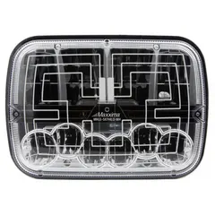 Rectangular LED headlight with integrated heating element to prevent ice and snow buildup. Provides both high and low beam functions. Surface mount design with bracket and H4 3-pin connector. Suitable for vehicles and equipment operating in cold climates.