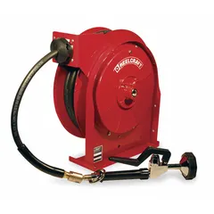 Spring-return hose reel with 35 ft of 3/8 in I.D. hose, rated for 125 psi maximum operating pressure. Features a brass swivel and 3/8 in MNPT x 3/8 in FNPT connections. Red finish. Suitable for washdown, cleaning, and fluid transfer in industrial environments.