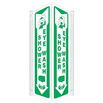 CONDOR Safety Sign: PETG, Mounting Holes Sign Mounting, 18 in x 7 1/2 in Nominal Sign Size - V-Shape Projection Shower Eye Wash Signs