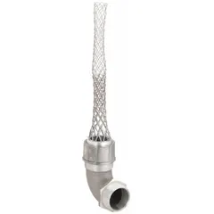This 90° metallic cord grip with mesh strain relief is used to secure and protect cables entering electrical enclosures. It features a 1-1/4 in MNPT box connection, an aluminum body, and a stainless steel external strain relief. Accepts cord diameters from 0.88 in to 1.00 in. Rated for Class I, Division 2 hazardous locations.