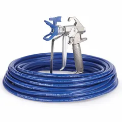 This GRACO airless spray gun is constructed with stainless steel and features a 1/4 in NPSM air inlet. It is designed for applying paints, coatings, lacquers, and stains. The kit includes a 3 ft BlueMax II Whip Hose. Suitable for industrial finishing, maintenance painting, and contractor applications.