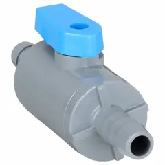This PVC ball valve is a manual two-way valve with barb x barb connections for flexible tubing. The full-port design minimizes pressure drop. Suitable for flow control in water and chemical handling systems where corrosion resistance is required.