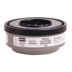 Threaded white acid gas (AG) cartridge for use with NORTH 5400, 5500, 7600, 7700, RU6500, and RU8500 series reusable respirators. Provides filtration against acid gases in industrial environments. Sold as a pair.