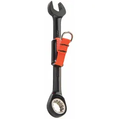 This 5/16 in SAE spline ratcheting combination wrench features an offset design and black chrome finish. Constructed from alloy steel, it is tether-ready for safety in industrial environments. Overall length is 5 1/2 in. Suitable for fastening and loosening fasteners in maintenance and assembly tasks.