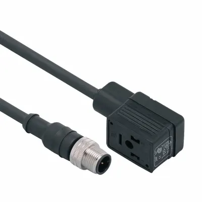 IFM Patch cable: M12 Male Straight x DIN Form B, 2 ft Cable Lg, PUR, Black - DIN Form B Solenoid Connector x M12 Cordsets