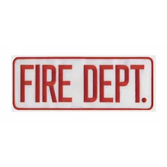 Embroidered insignia with red and white design, measuring 11 in x 4 in. Features a plastic backing and sew-on attachment. Used for identifying fire department affiliation on uniforms, gear, or equipment.