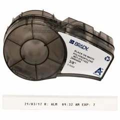 Thermal transfer continuous label roll cartridge for BMP21-LAB printer series. 21 ft length, 3/8 in width, cryogenic autoclavable polypropylene material. Accommodates 0.6 mL vial/tube sizes. Used for laboratory sample identification in biobanking, pharmaceutical, and research environments.