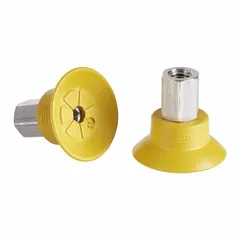 This flat-type vacuum pad assembly is designed for handling sensitive components in electronics manufacturing where electrostatic discharge protection is required. Features a yellow NBR-ESD material rated at 55 A, with a pad diameter of 28.2 mm and a height of 25.2 mm. Suitable for pick-and-place, assembly, and packaging operations.