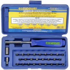This 30-piece precision combination multi-bit screw and nut driver kit includes 26 alloy steel bits and a hand impact driver, all stored in a molded case. The kit is suited for assembly, repair, and maintenance tasks requiring tamper-resistant hex sizes from 5/64 to 5/32 in. The hand impact driver enables loosening of stubborn fasteners in industrial and commercial applications.