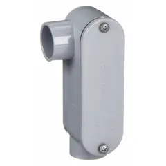 PVC LR (90° elbow) conduit outlet body with 1 in hub size and 11.8 cu in body capacity. Includes gasket, lid, and screws. Used as a pull point or junction in conduit runs for wire pulling and system access.