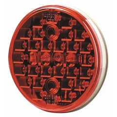 This MAXXIMA stop light is a red, round LED lamp with a 4 5/16 in overall diameter and 2 in overall depth. It features a grommet mount for permanent installation and a PL-3 electrical connector. Designed for use on trailers, trucks, and heavy equipment to signal braking, it meets SAE J592 standards.