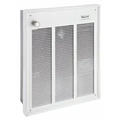 DAYTON Recessed Electric Wall-Mount Heater: 2000 W/4000 W, 208V AC, Single Phase, 208V AC, 1-phase. Key specifications — Grille Color: White; Programming Capability: Non-Programmable; Wattage Output: 2000 W/4000 W; Voltage, Phase: 208V AC, 1-phase; Rough-In Dimensions - H x W x D: 18-1/4 in x 14-5/16 in x 3-7/8 in; Nominal Voltage - HVAC: 208V AC; Brand: DAYTON; Phase: Single.