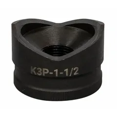 Manual-hydraulic knockout punch for creating round holes in 10 ga sheet metal (steel). Nominal size 1 1/2 in. Copper punch body. Used in electrical panel fabrication, junction box installation, and industrial enclosure work.