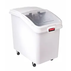This white bulk ingredient bin has a 150 qt capacity and includes a lid. It is NSF certified for food safety. Typical applications include storing dry ingredients such as flour, sugar, and grains in commercial kitchens, bakeries, and food processing facilities.