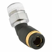 Nylon and nickel-plated brass elbow fitting with push-to-connect design for 3/16 in OD tubing and 1/8 in male NPT thread. Enables tool-free assembly in pneumatic and fluid systems. Black finish